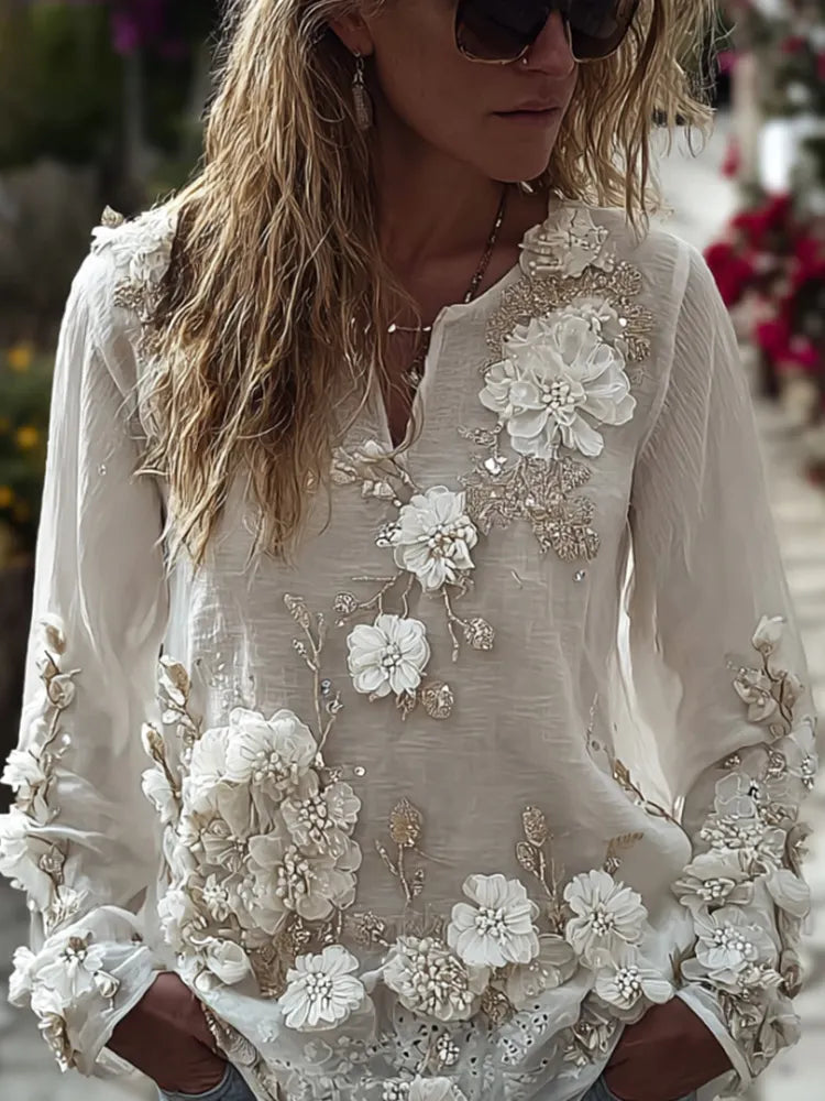 Bohemian Beaded Rose Romantic Casual Round-neck Long-sleeved Sweater
