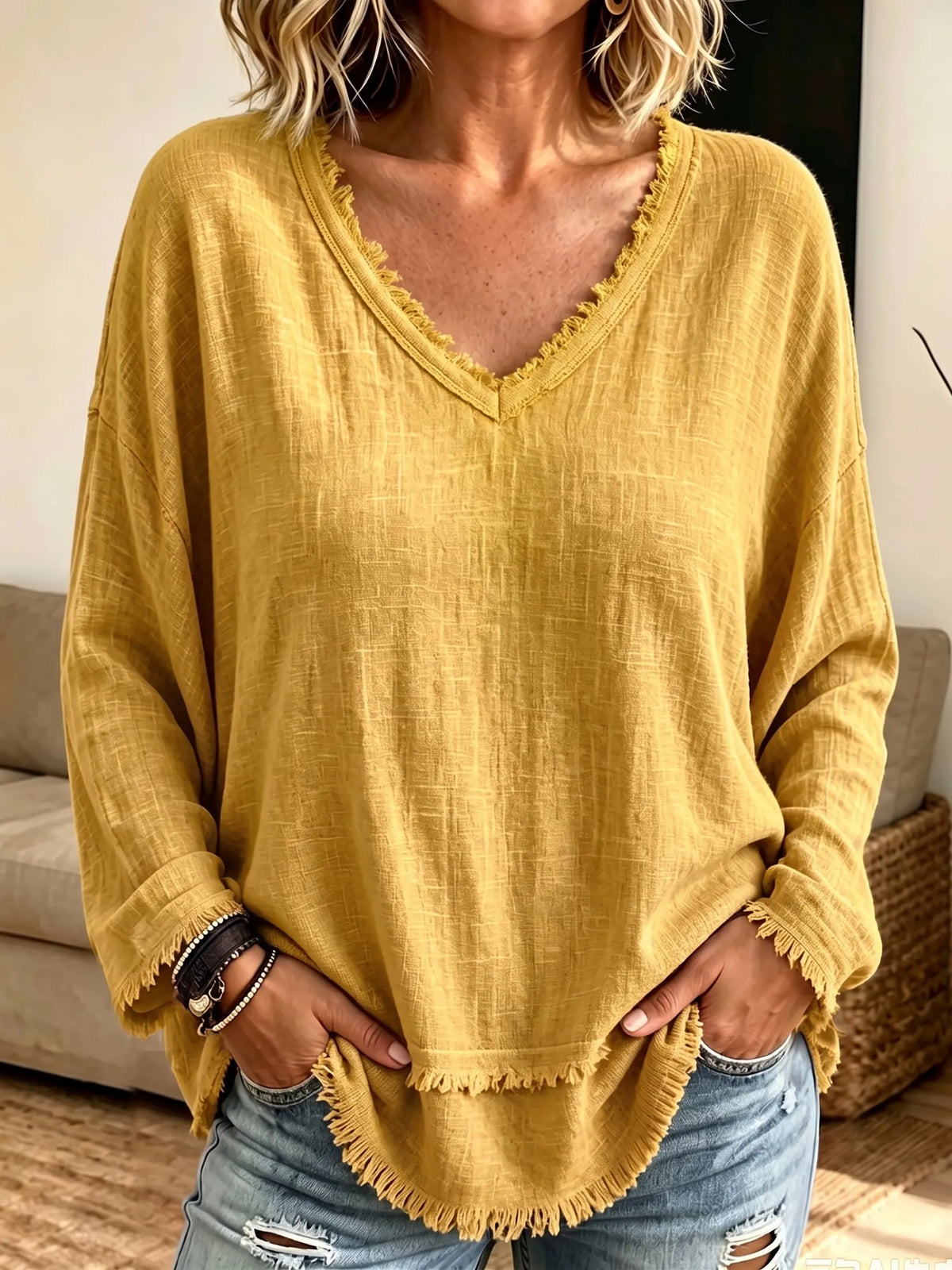 Women Frayed Edge V‐Neck Long Sleeve Top, Loose Textured Casual Blouse