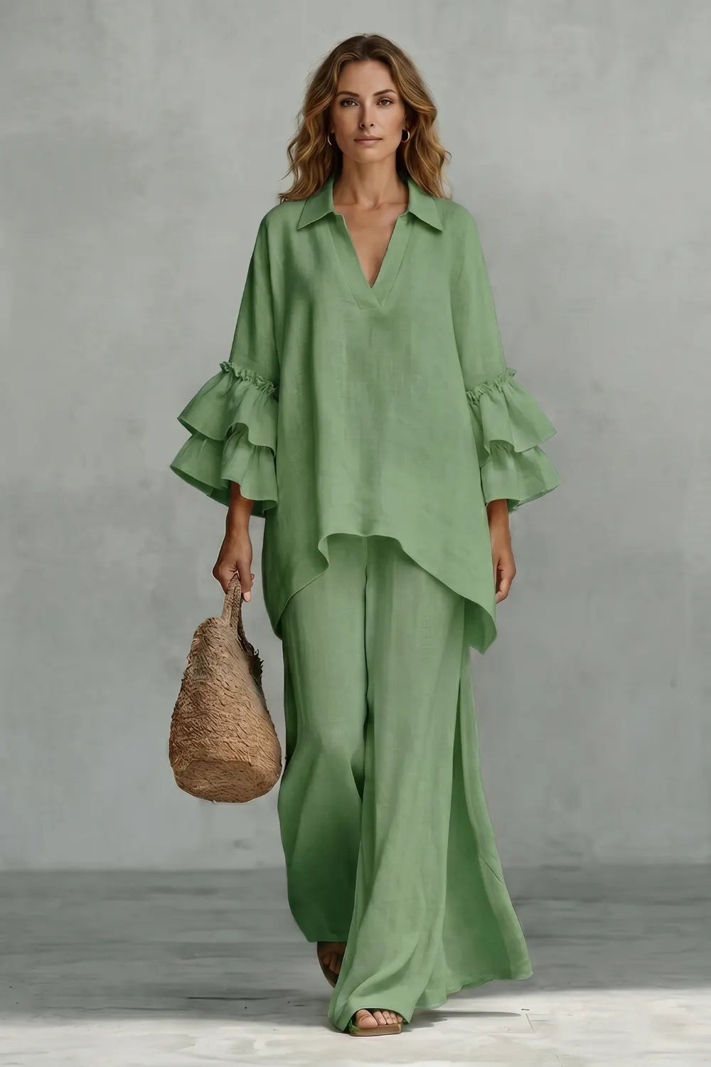 Ruffled sleeve ease – Trouser set
