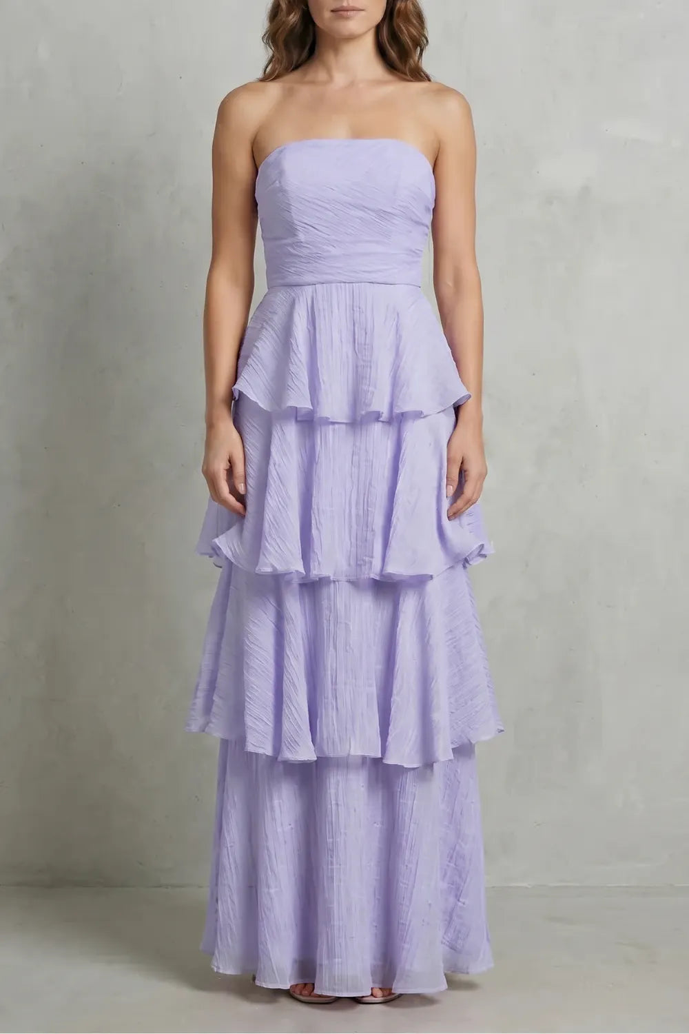 Soft cascading layers – Strapless tiered maxi dress