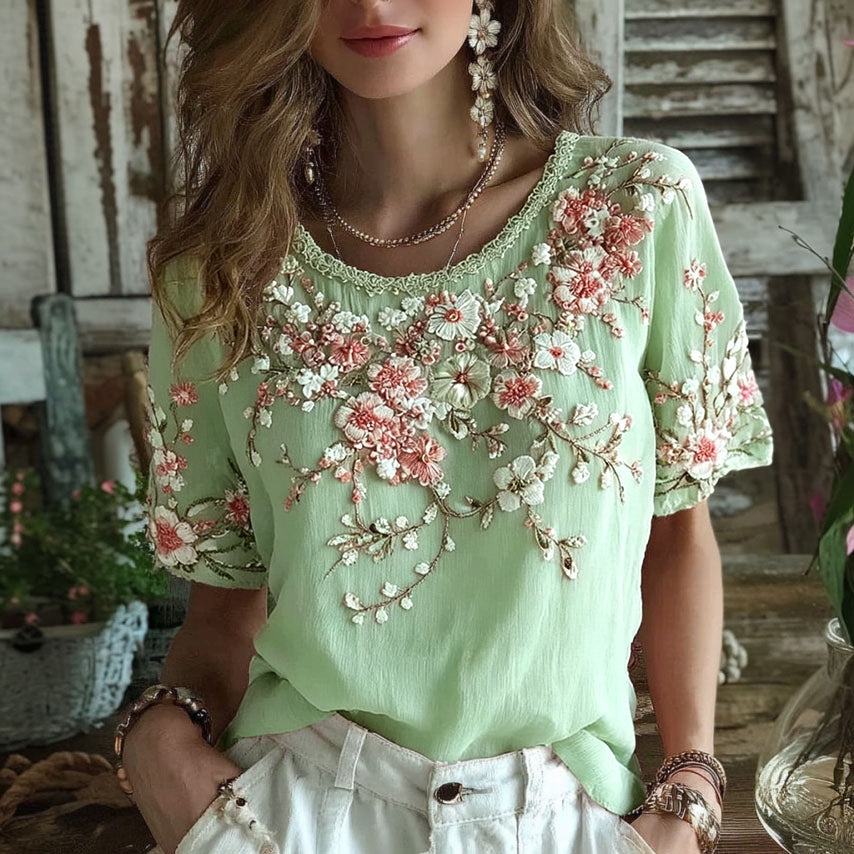 Women's Floral Art Embroidery Cotton Linen T-shirt