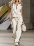 Women's Casual Patchwork Striped Zip-up Top And Pants Two-piece Set