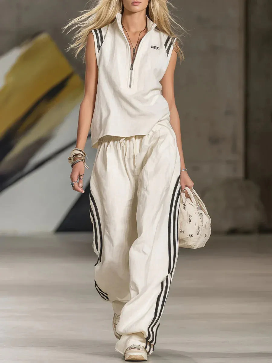 Women's Casual Patchwork Striped Zip-up Top And Pants Two-piece Set