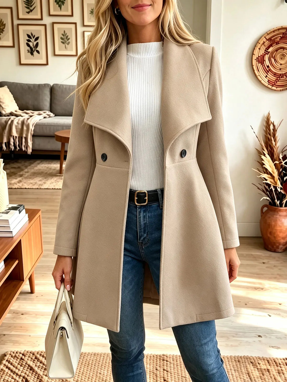 Women Waterfall Lapel Mid‐Length Wool Blend Coat, Single‐Breasted Winter Outerwear