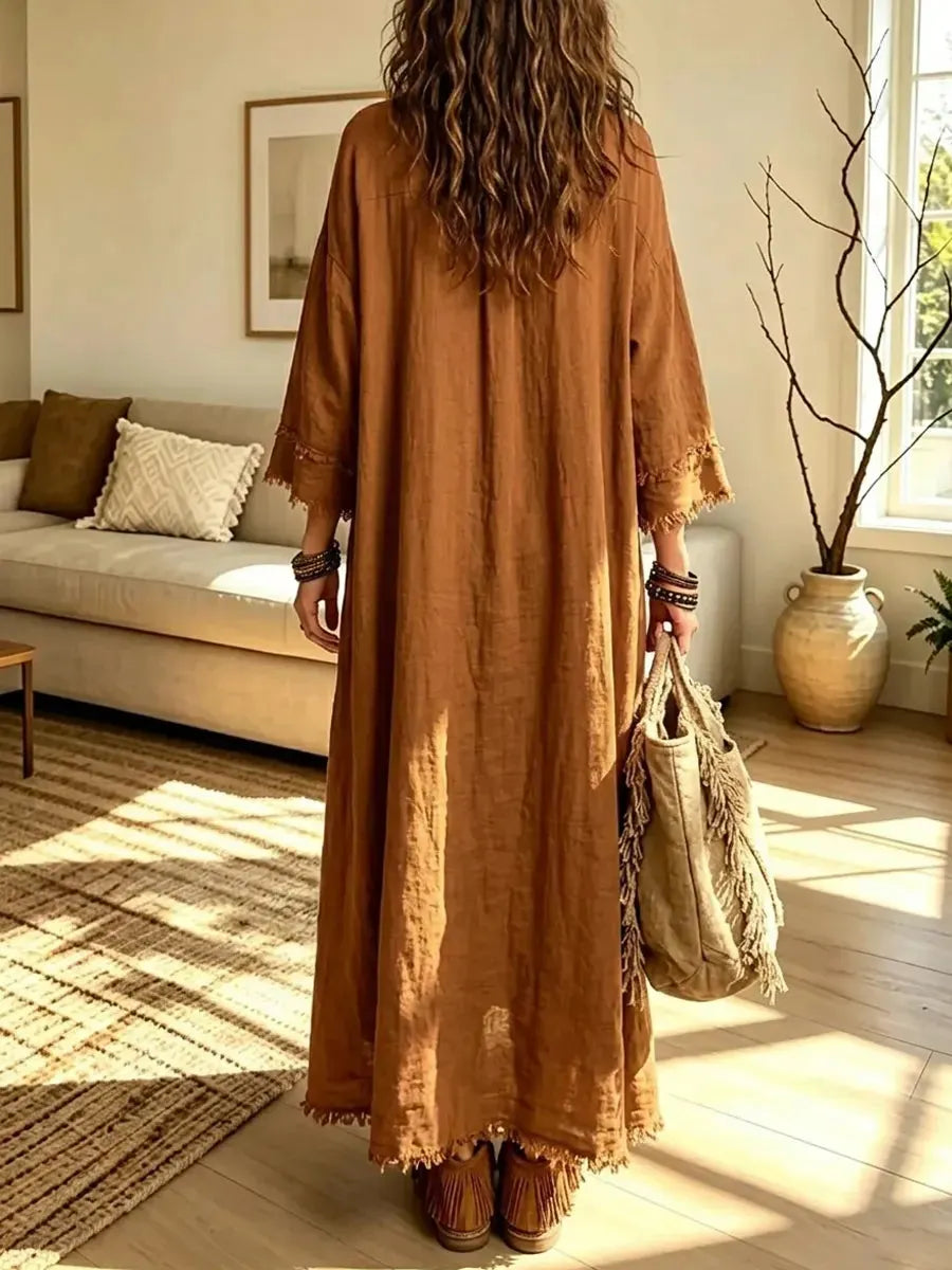 Retro Lapel Art Button Casual Stylish 3/4 Sleeve Cotton Linen Maxi Dress