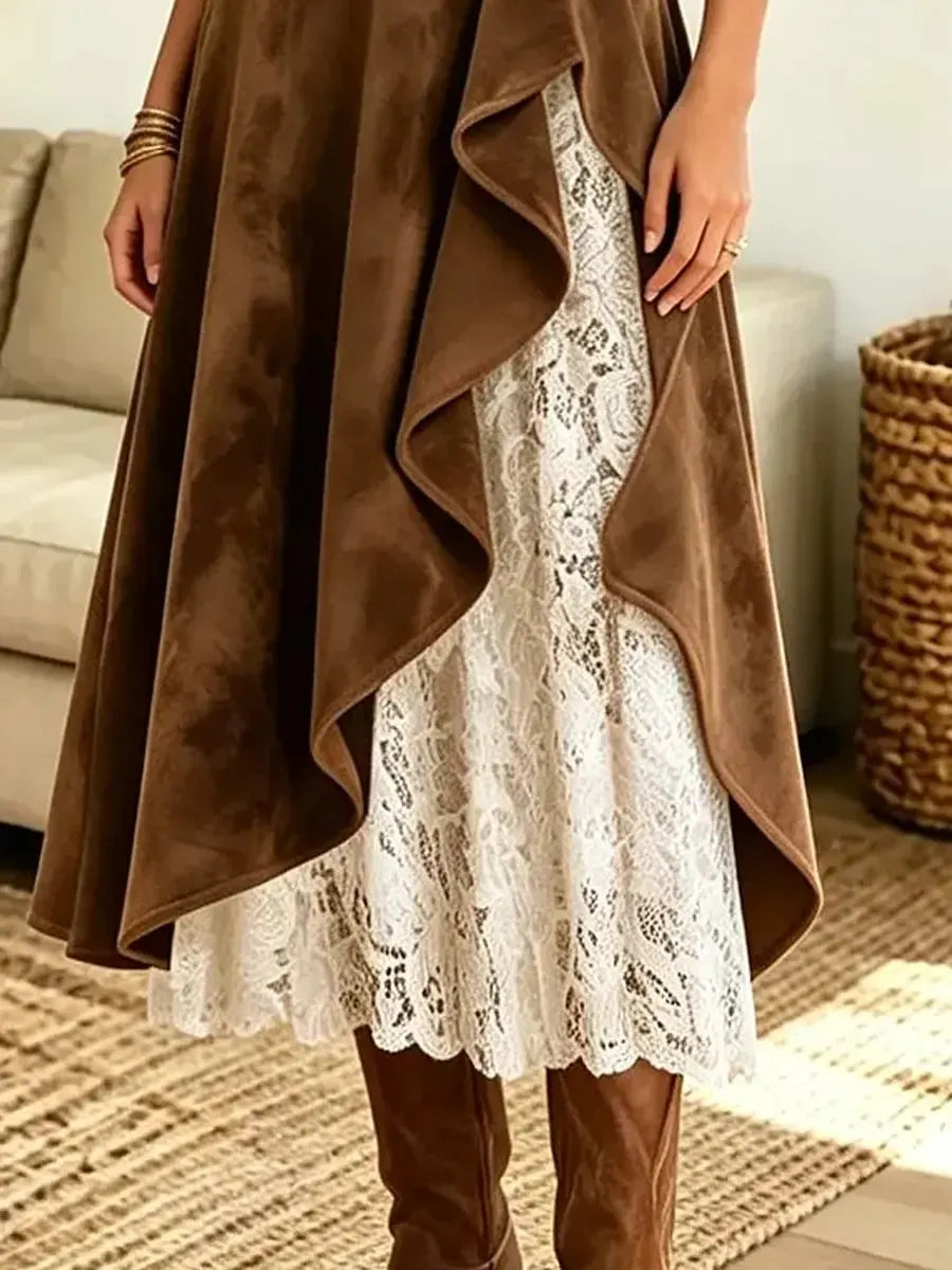 Retro Floral Lace Patchwork Art Casual Suede Stylish Skirt