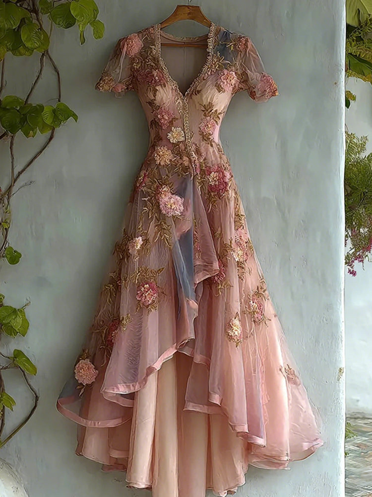 Women's Retro Elegant Gradient Flowers Irregular Ruffle Linen Dress
