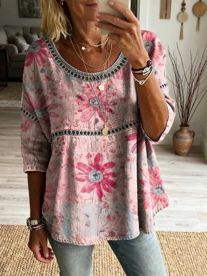 Women's Bohemian Vintage Floral Art Print Flowy Linen Blend Casual Tops