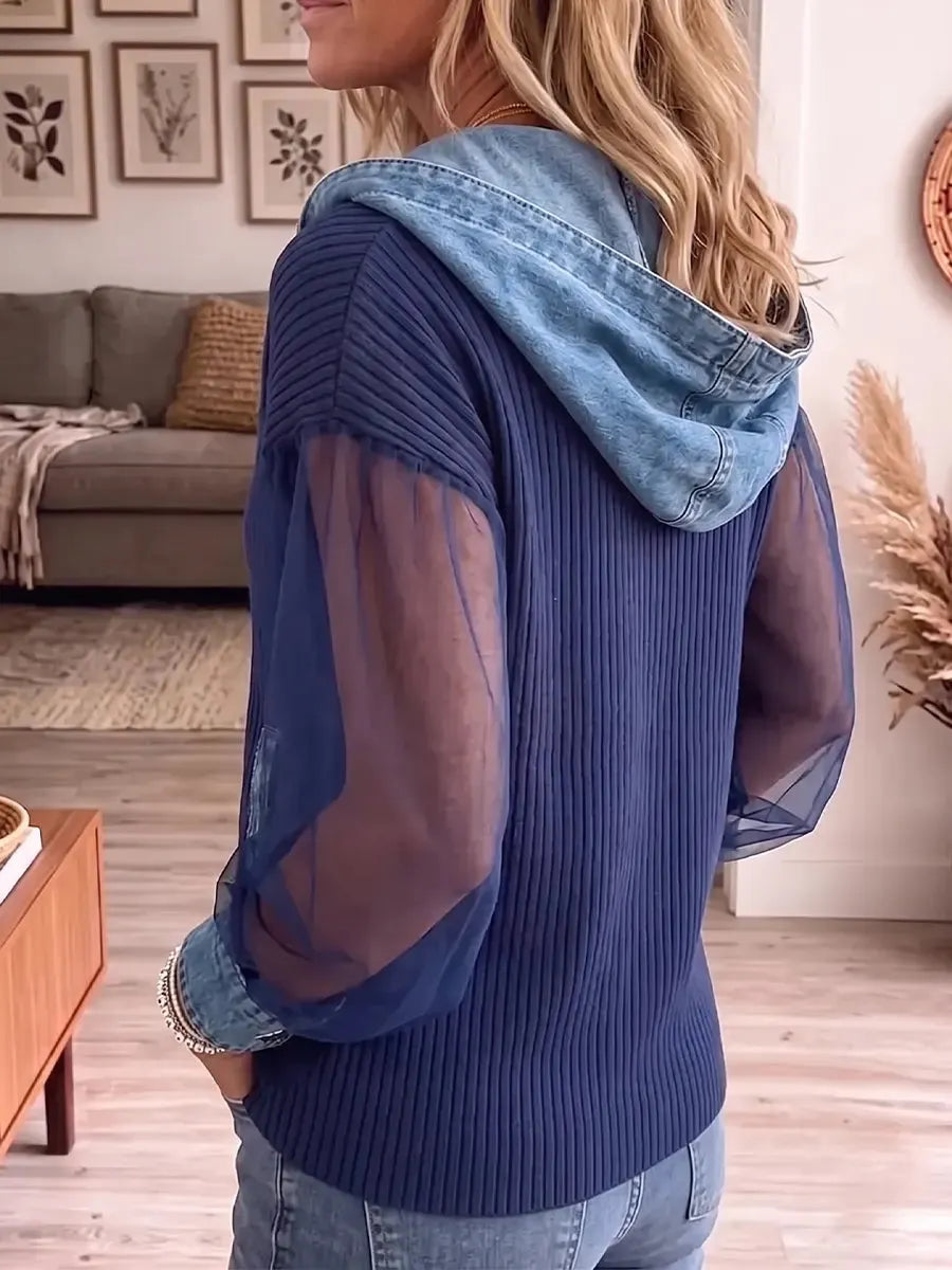 Vintage Elegant Denim Knit Top With Sheer Mesh Sweater
