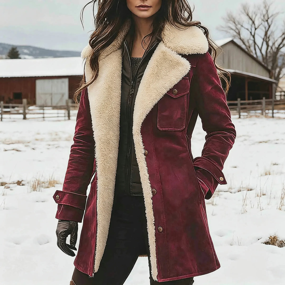 Women's Vintage Brown Suede Fleece Lapel Collar Mid-Length Shearling Coat Jacket