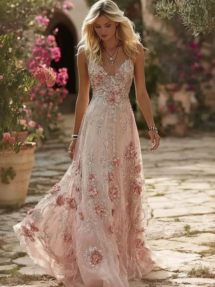 Vintage Boho Roses Embroidered Flowy Maxi Cami Dress