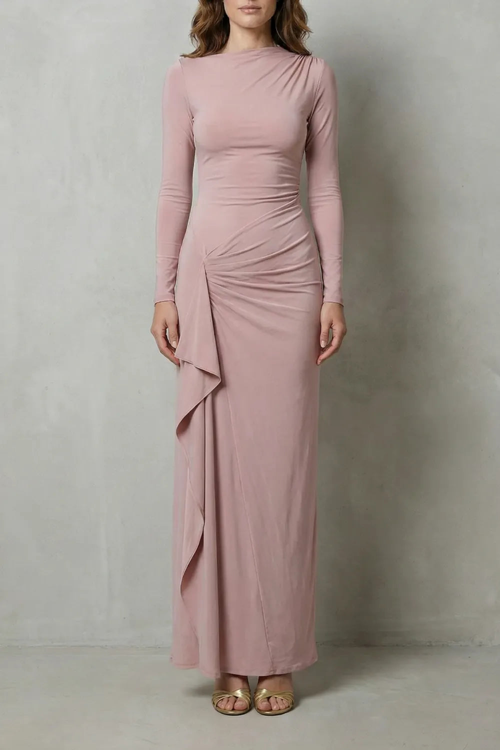 Sculpted side drape – Long sleeve maxi gown