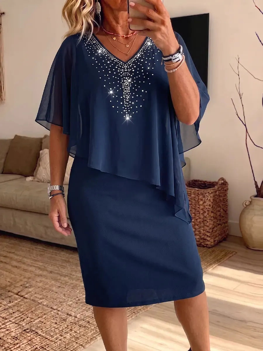 Women's Vintage Elegant Chiffon Shiny Rhinestones Dress