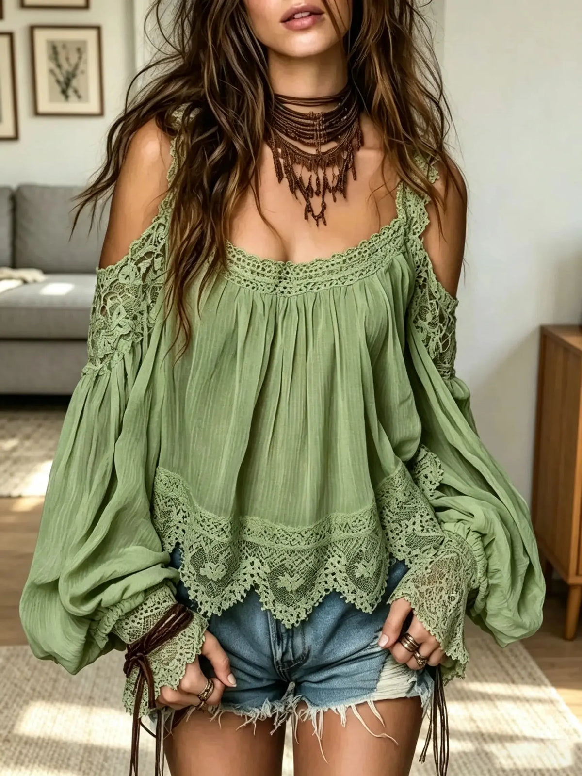 Women's Cold-Shoulder Embroidered Lace Peasant Blouse