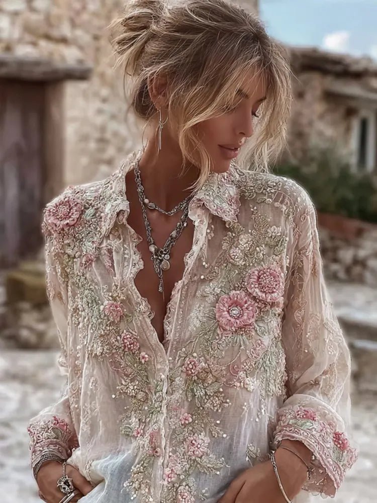 Women's Pink Rose Embroidery Art Long Sleeve Linen Blend Shirt