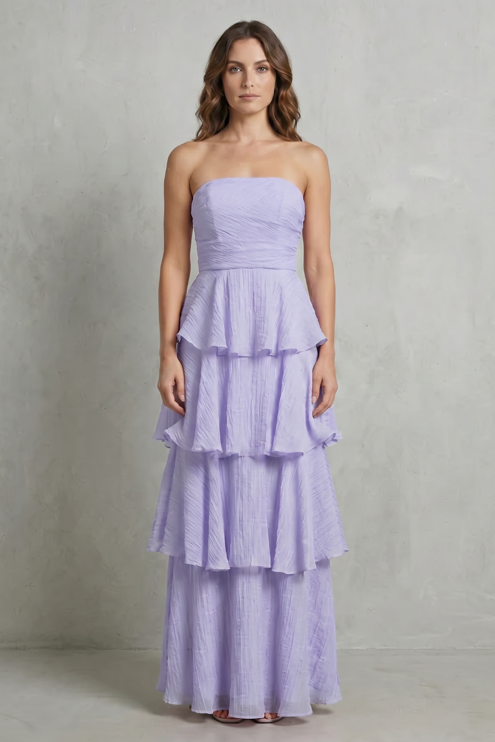 Soft cascading layers – Strapless tiered maxi dress