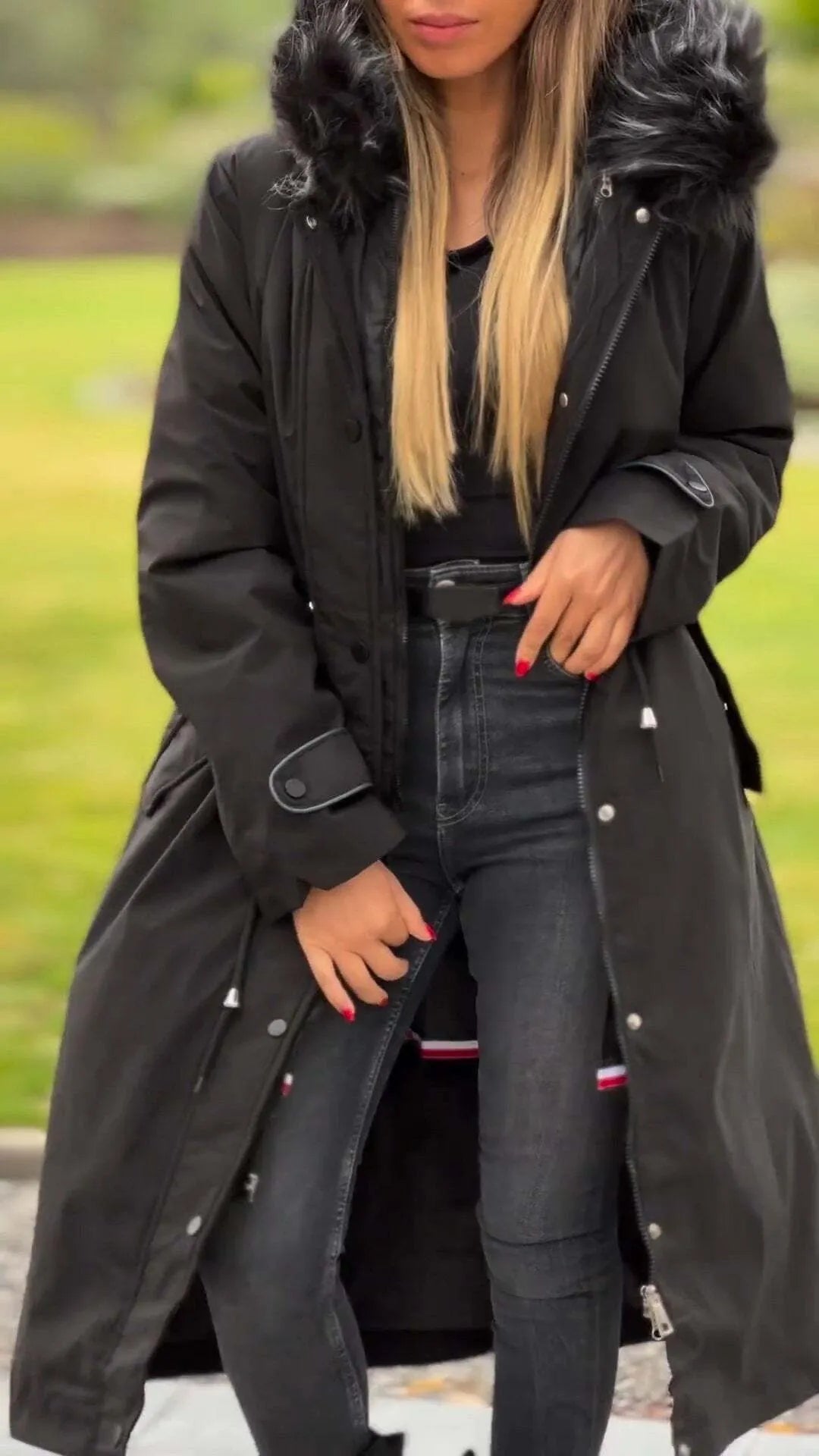 Women's Hooded Long Sleeve Fur Collar Windbreaker Cotton Coat