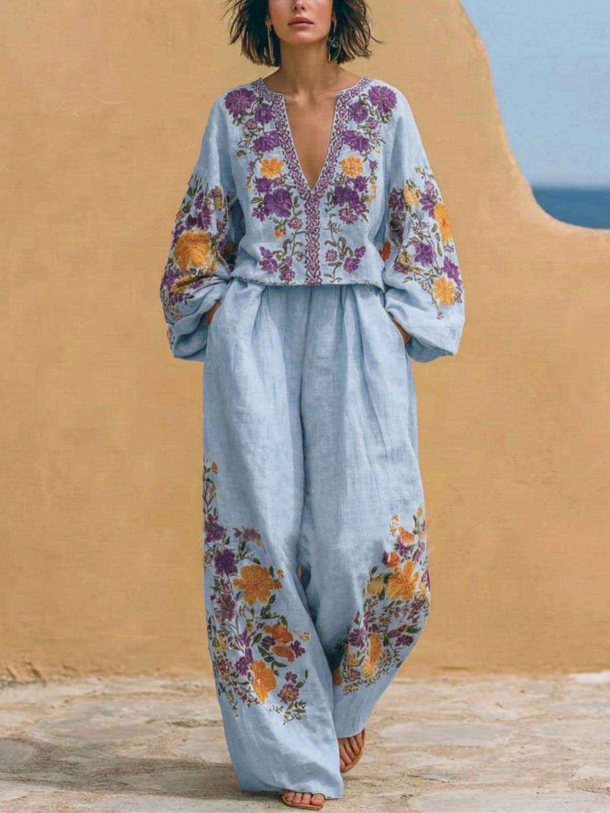 Boho Vintage Bouquet Print Loose Cotton Linen Two-piece Set