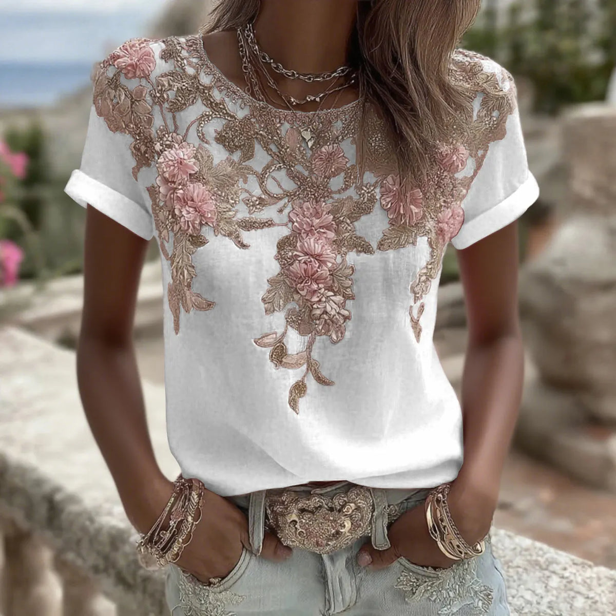 Women's Vintage Pink Rose Embroidery Art Round Neck Short Sleeve Linen Blend T-shirt
