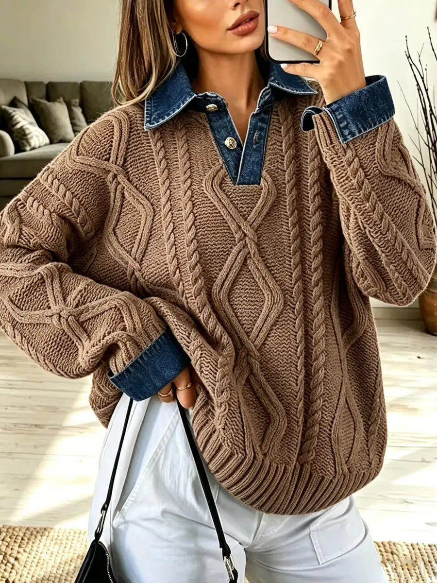 Retro Denim Patchwork Art Casual Stylish Long Sleeve Knit Sweater