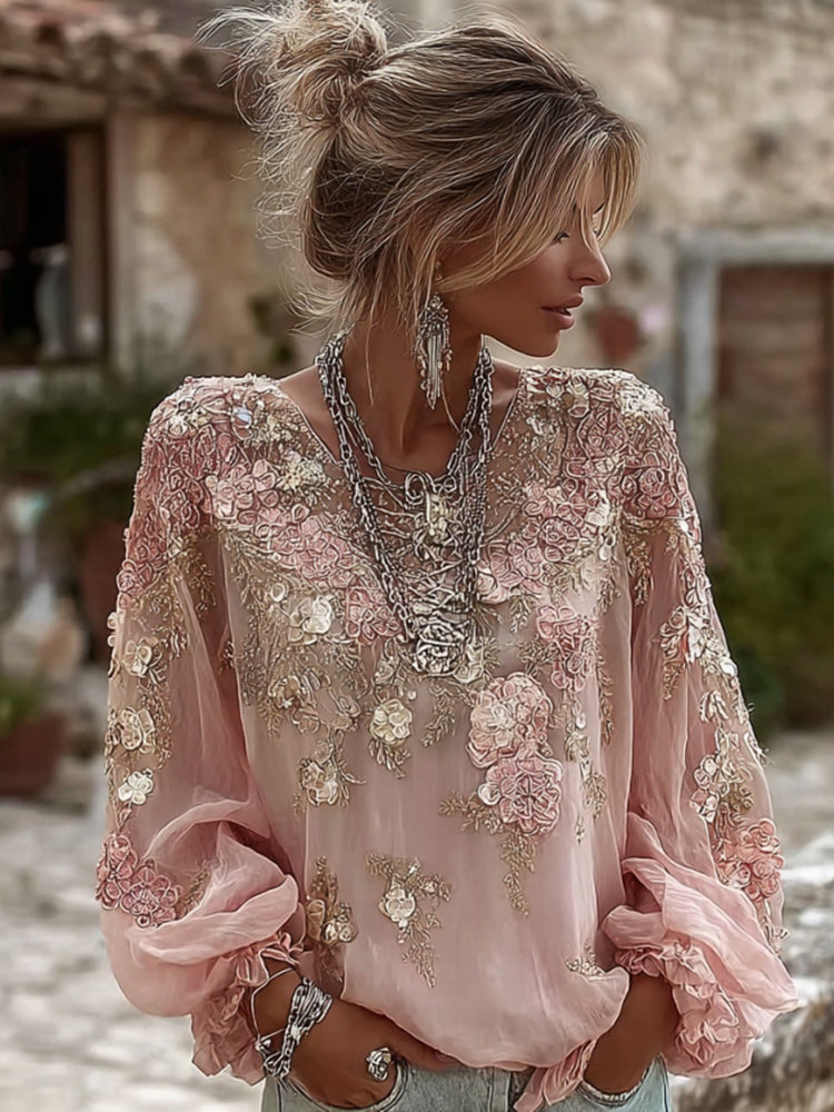 Women's Floral Embroidered Art Round Neck Blouse