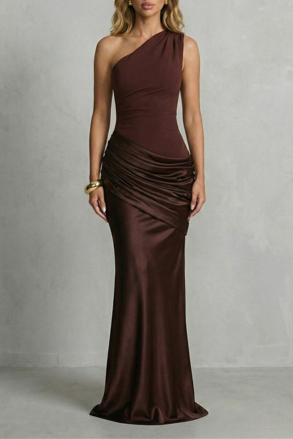 Satin draped elegance – One shoulder maxi dress