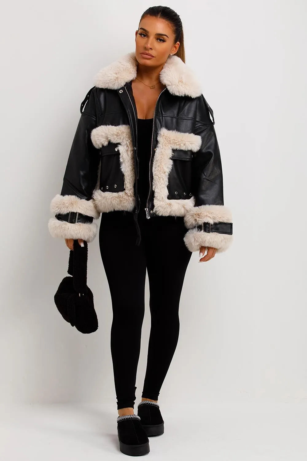 Faux Fur Trim Faux Leather Jacket Black
