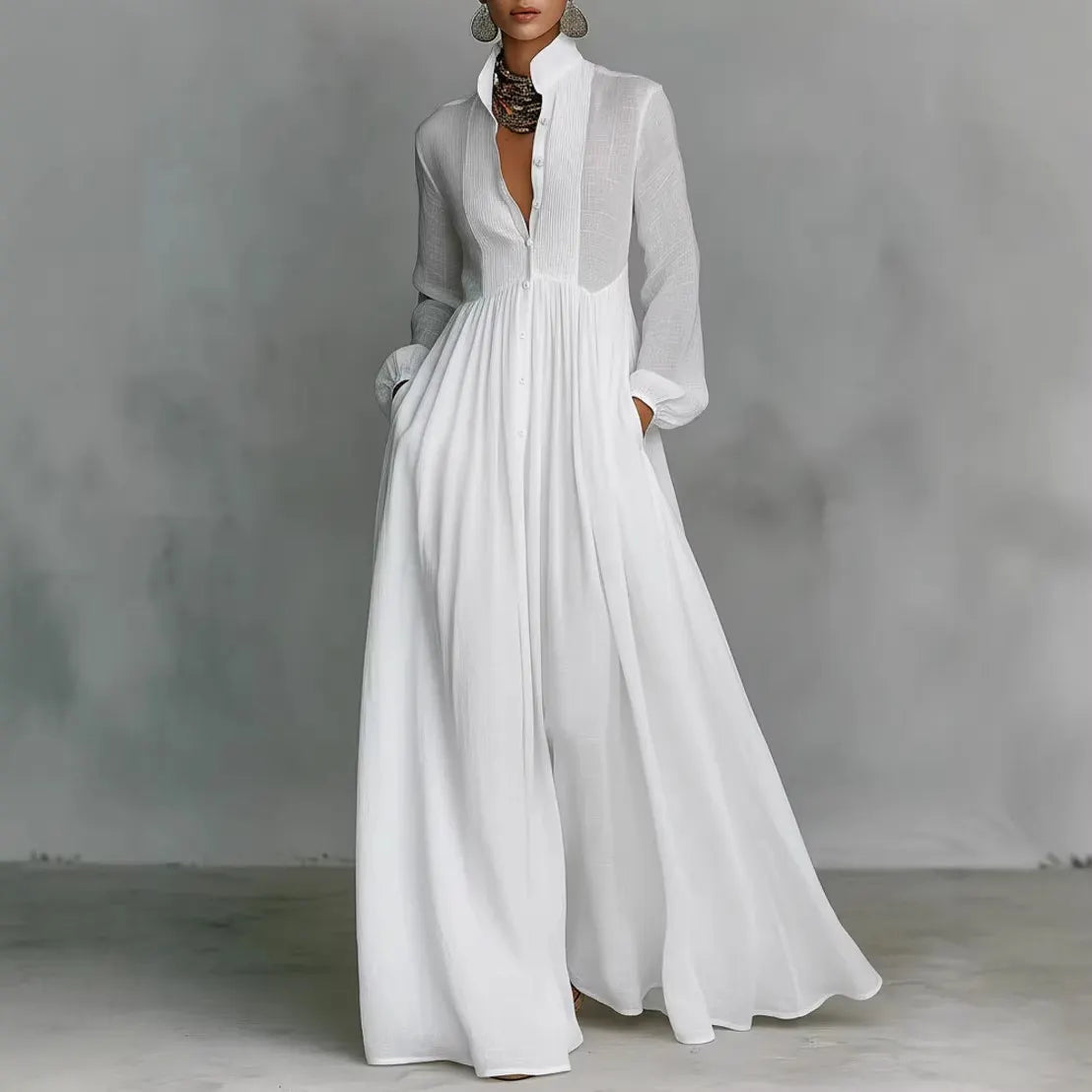 Elegant White Long Sleeve Maxi Dress With Button Front And Deep V-Neckline