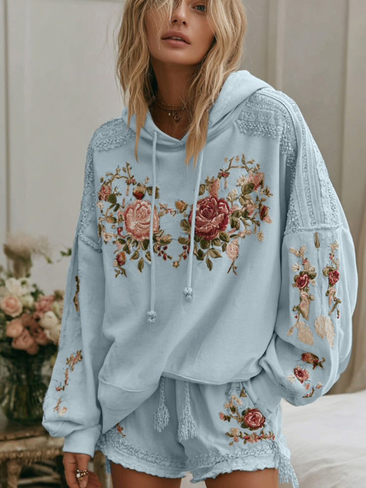 Women's Floral Embroidery Art Cozy Hooded Sweatshirt