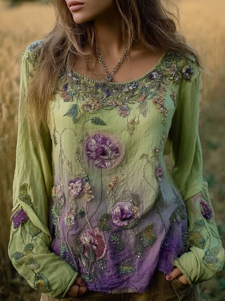 Bohemian Style Embroidered Plant Vitality Round Neck Long Sleeve Casual Vintage Top