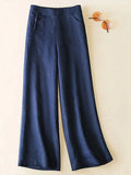 Women's Solid Color Button Half Elastic High Waist Casual Cotton and Linen Wide Leg Pants