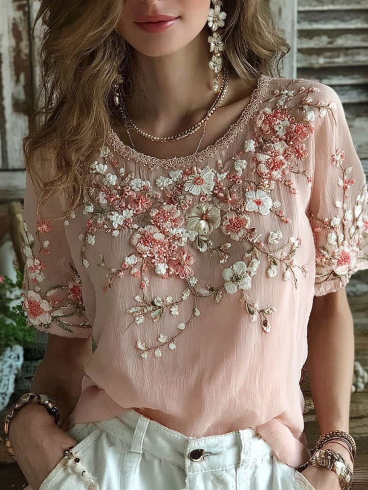 Women's Floral Art Embroidery Cotton Linen T-shirt