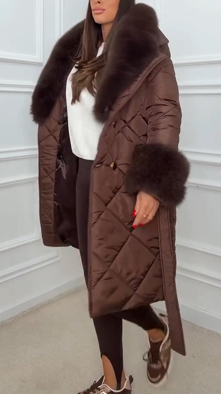 Women Fur Collar Waist Tie Temperament Casual Cotton Jacket