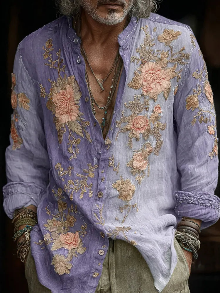 Men's Vintage Floral Embroidered Comfy Linen Shirt