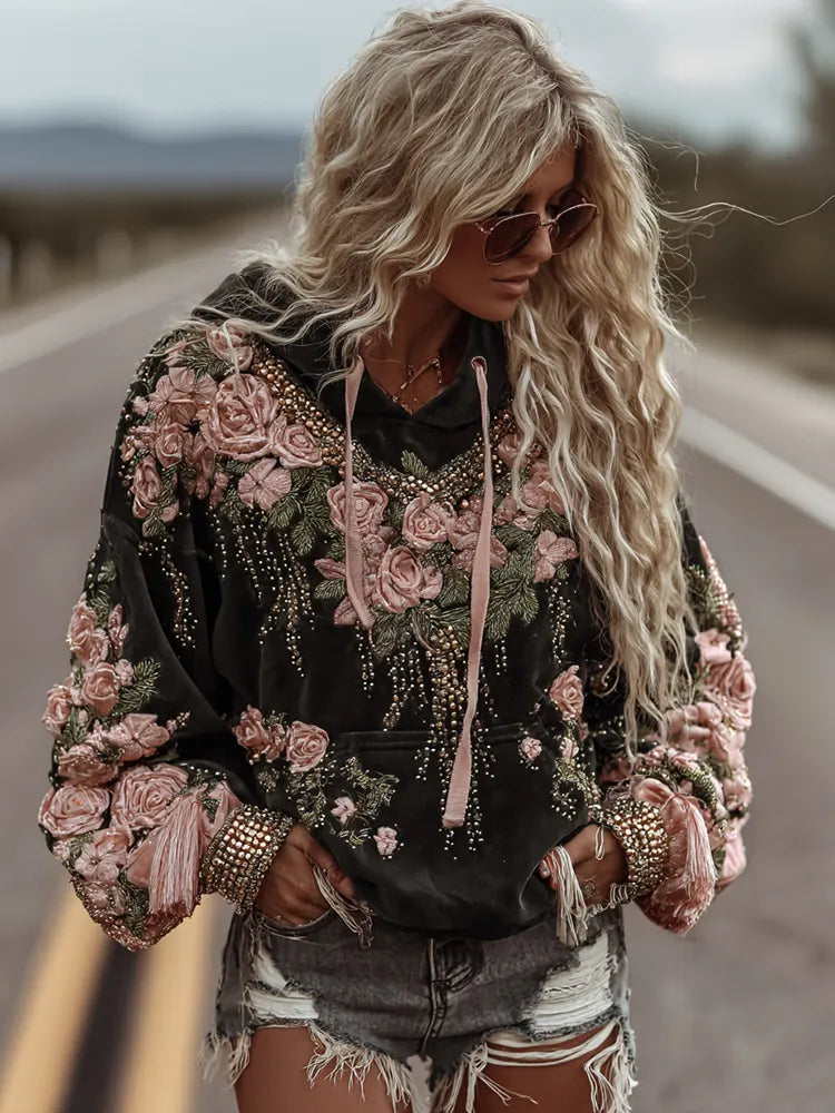 Women's Classic Romantic Pink Rose Embroidery Art Comfy Hoodie