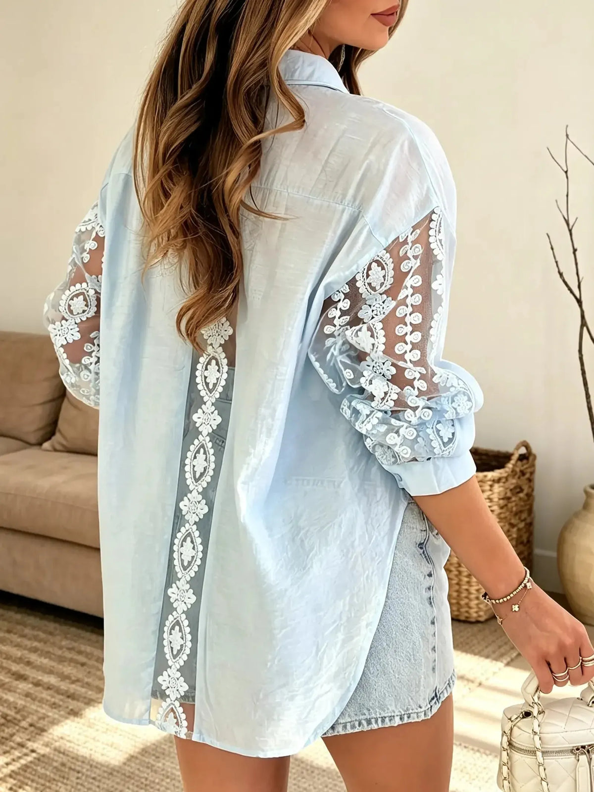 Women's Embroidered Lace Insert Button-Down Shirt