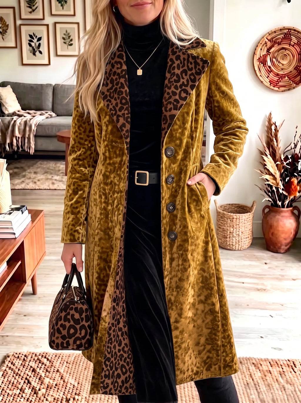 Leopard Lapel Velvet Long Coat Women Single‐Breasted Vintage Outerwear