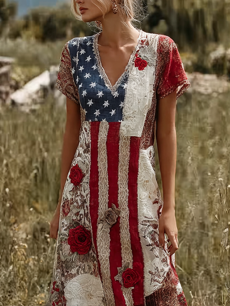 Women's Retro American Flag Element Plant Flower Embroidery Lace Patchwork Design Short-sleeve Dress