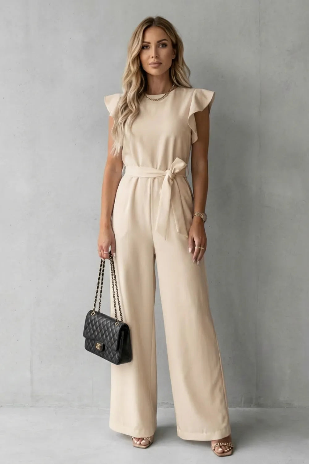 Ruffle sleeve belted – Wide-leg jumpsuit