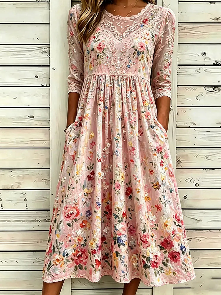 Women's Oil Painting Floral And Lace Art Splicing Cotton Linen Long Sleeve Dress