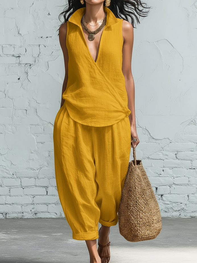 Minimalist Collared Shirt And Wide-leg Pant Linen Two-piece Set