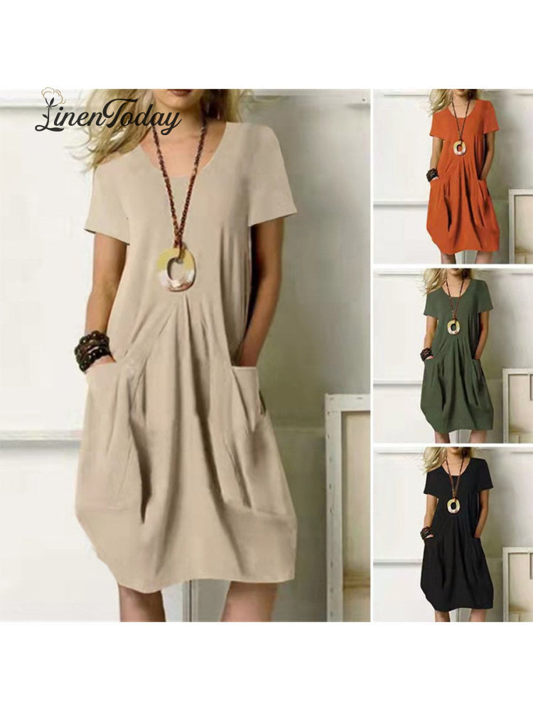 Women's Round Neck Cotton Linen Casual Dress