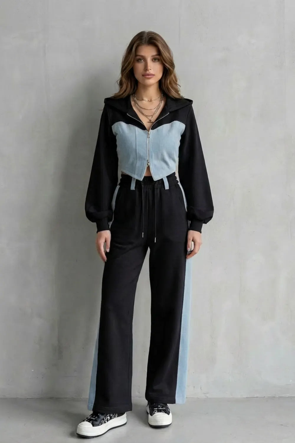 Denim Splice – Two-Piece Hoodie & Sweatpant Set