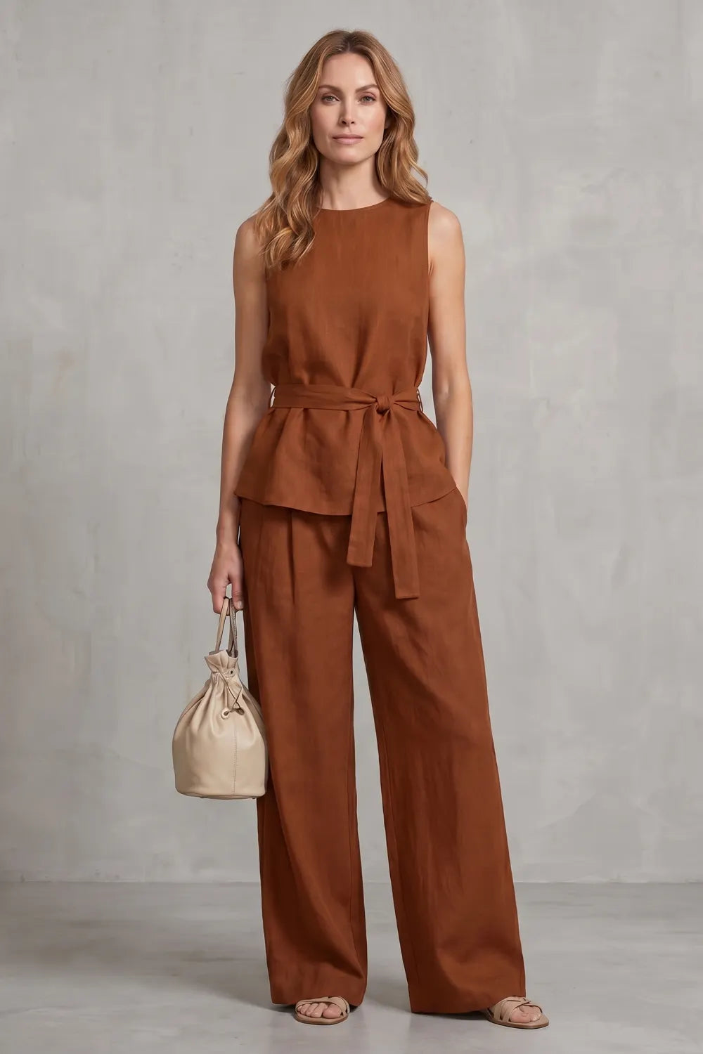 Elegant tie-waist silhouette – Two-piece trouser set