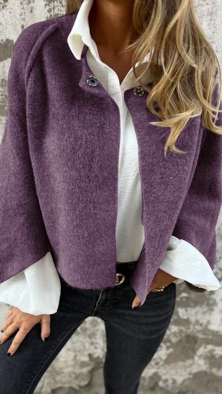 Stand Collar Snap Button Cropped Wool Blend Jacket Casual Short Coat