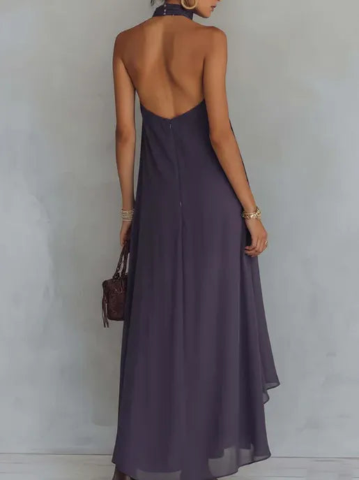 Retro Halter Neck Irregular Ruffle Maxi Dress