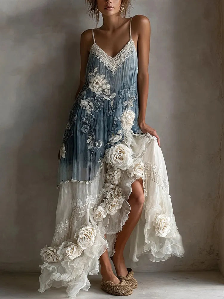 Women's Retro White Rose Gradient Pattern Casual Sleeveless Dress