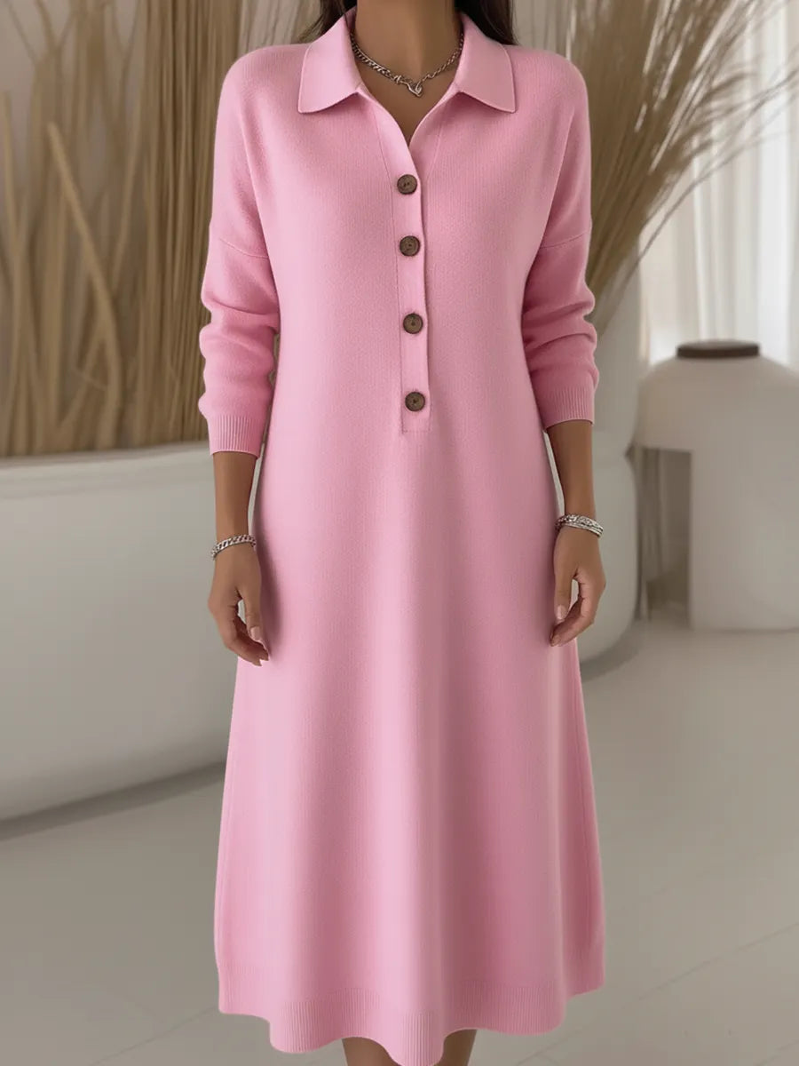 Classic Polo Collar Button Solid Color Knitted Midi Dress