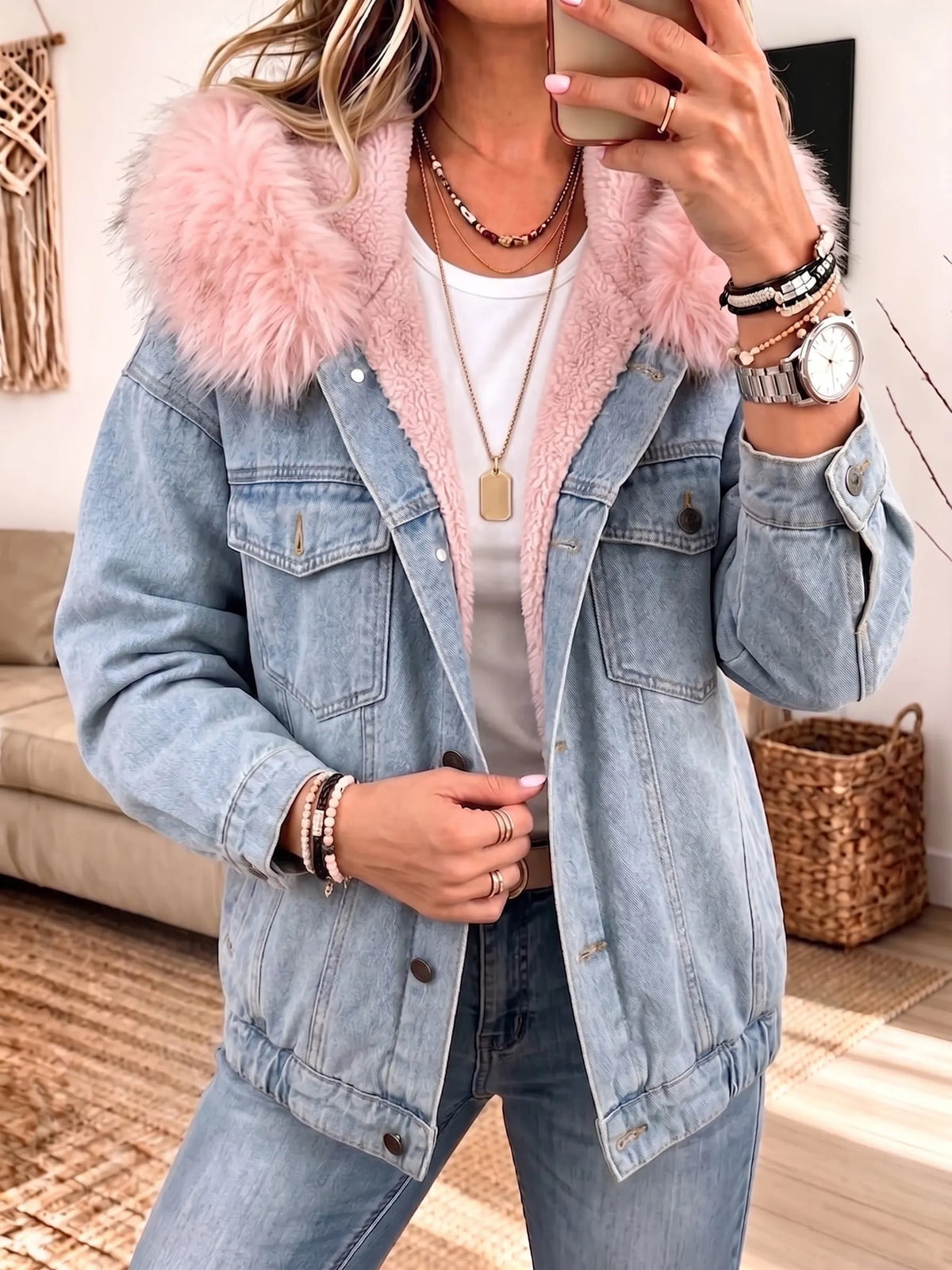 Faux Fur Hooded Lined Denim Jacket Button‐Up Warm Winter Jean Coat
