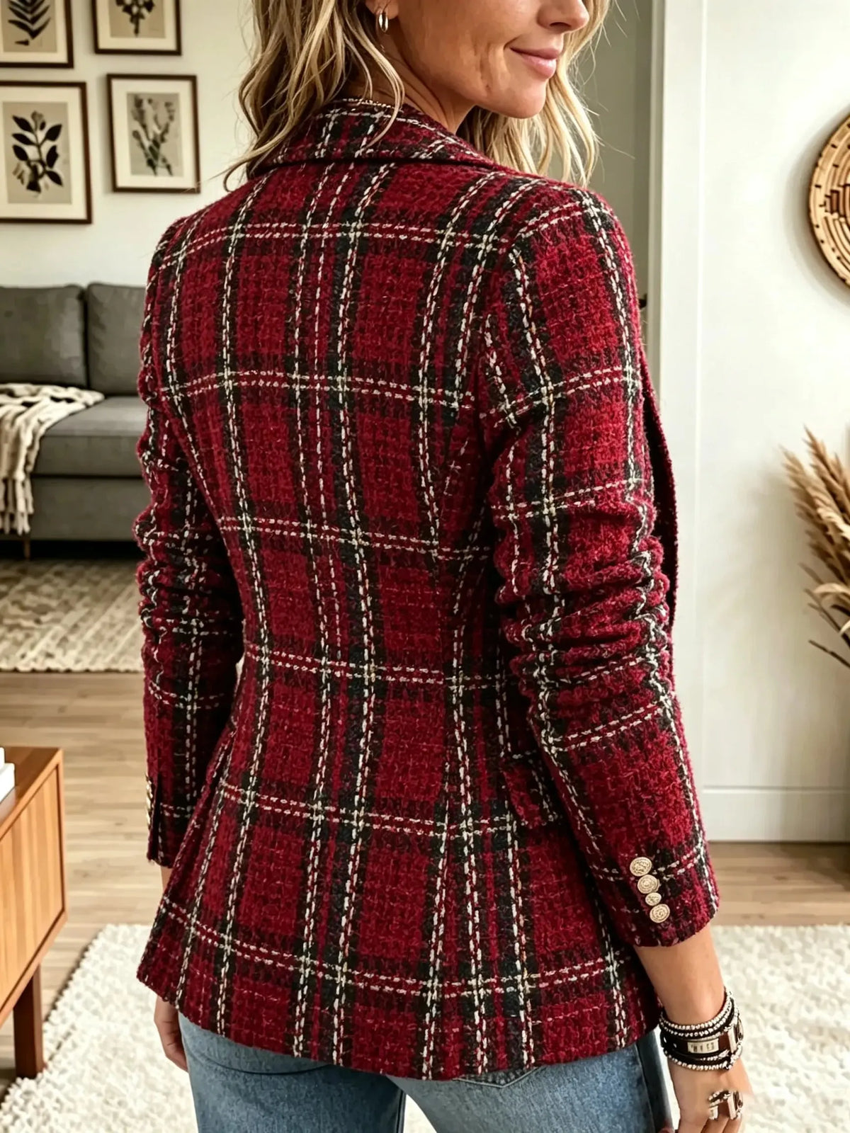 Women's Double-Breasted Plaid Tweed Blazer